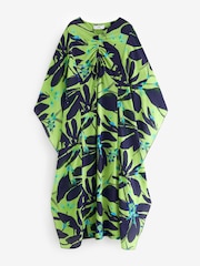 Green and Navy Floral Co-ord Half Sleeve Ruched Front Kaftan Dress - Image 6 of 7