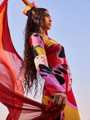 Pink Multi Abstract Print Long Sleeve Column Maxi Dress - Image 3 of 6