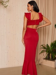 Chi Chi London Red Ruffle Sleeve Cut Out Back Midi Dress - Image 2 of 4