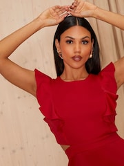 Chi Chi London Red Ruffle Sleeve Cut Out Back Midi Dress - Image 3 of 4