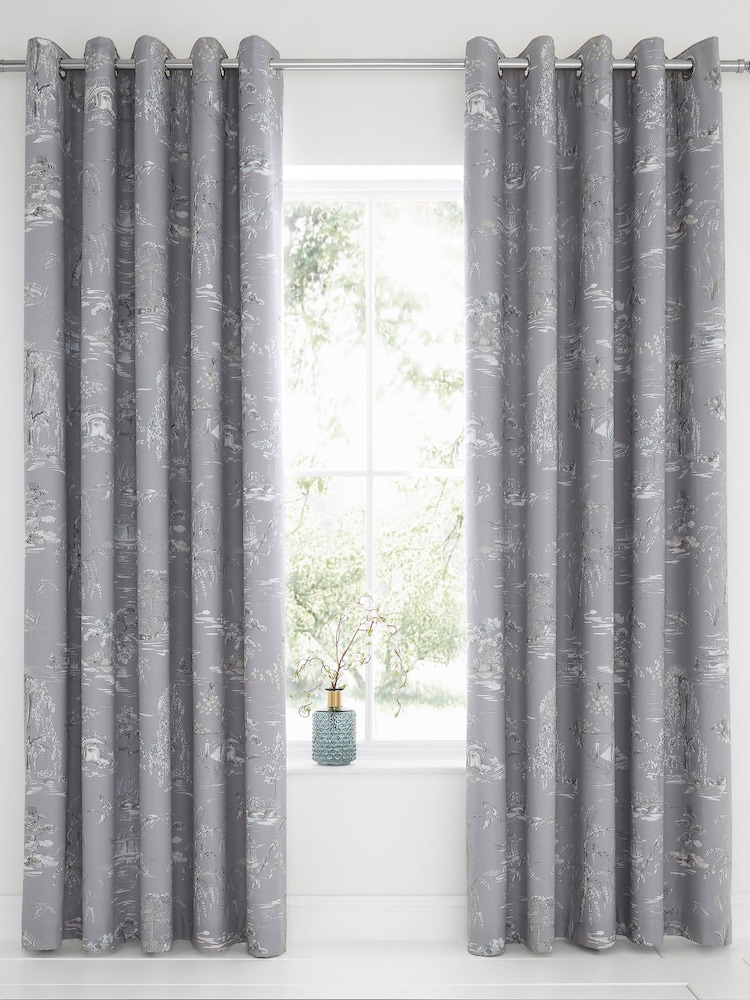 Dreams & Drapes Grey Oriental Garden Blackout Thermal Eyelet Curtains - Image 1 of 3