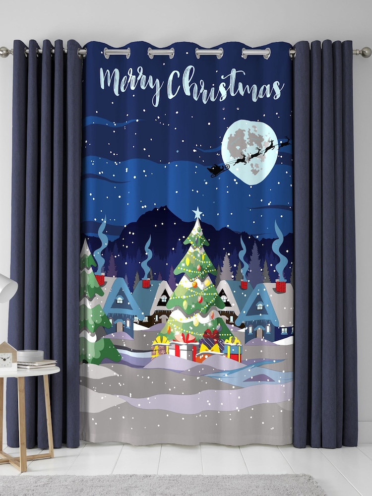 Bedlam Blue Glow Christmas Eyelet Single Panel Curtain - Image 1 of 4