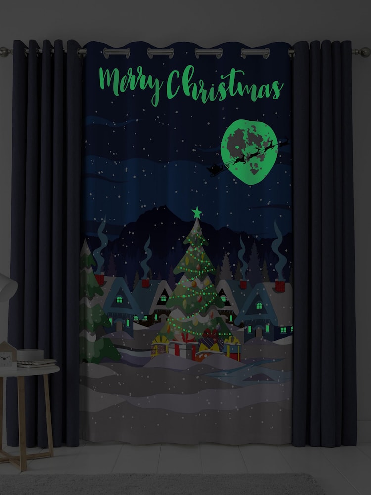 Bedlam Blue Glow Christmas Eyelet Single Panel Curtain - Image 2 of 4