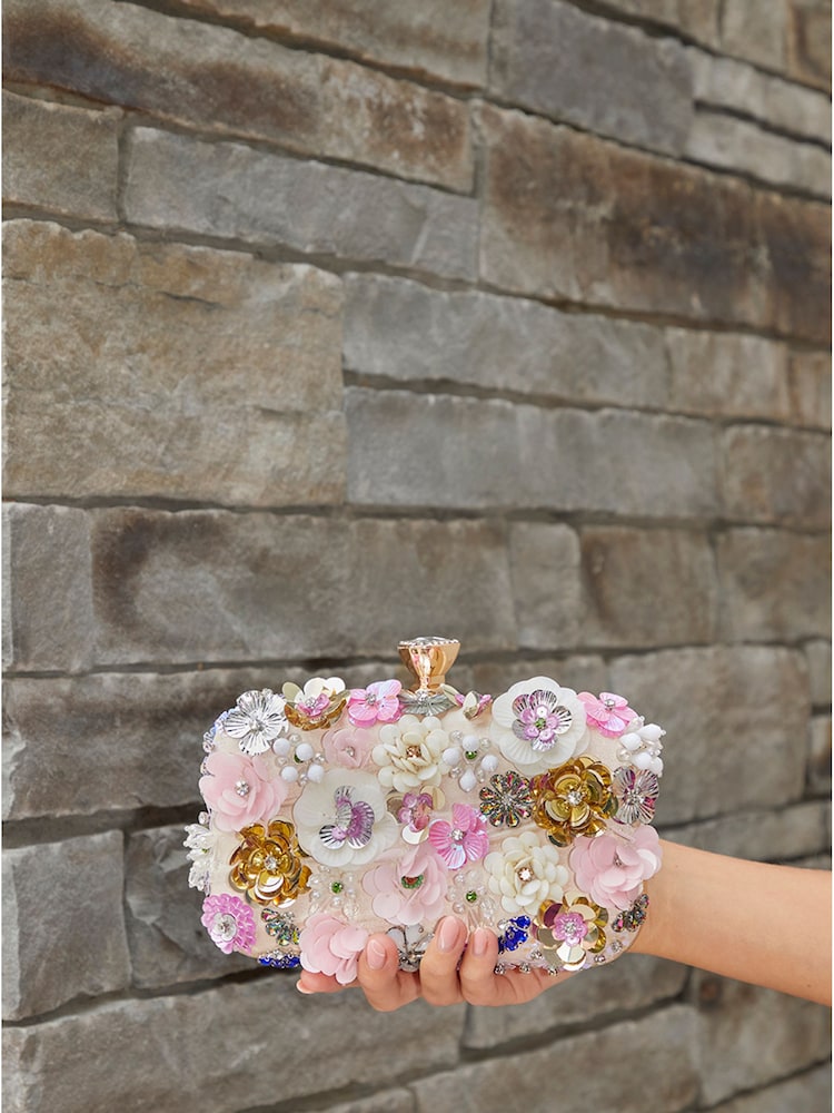 Chi Chi London Cream 3D Floral Embellished Sequin Clutch Bag - Image 1 of 2