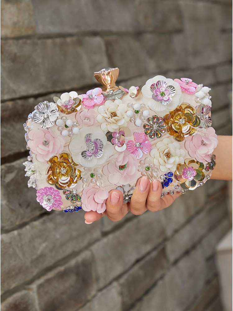Chi Chi London Cream 3D Floral Embellished Sequin Clutch Bag - Image 2 of 2