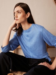 Blue 100% Linen Long Sleeve Crew Top - Image 1 of 6
