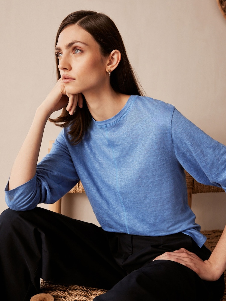 Blue 100% Linen Long Sleeve Crew Top - Image 1 of 6