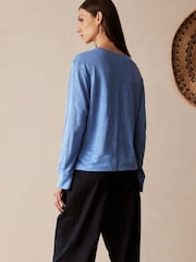 Blue 100% Linen Long Sleeve Crew Top - Image 3 of 6