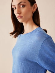 Blue 100% Linen Long Sleeve Crew Top - Image 4 of 6