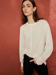 Ecru 100% Linen Long Sleeve Crew Top - Image 3 of 7