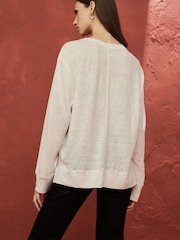 Ecru 100% Linen Long Sleeve Crew Top - Image 4 of 7
