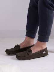 Totes Brown Mens Isotoner Distressed Winter Moccasin Slippers with Herringbone Socks - Image 1 of 5
