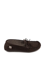Totes Brown Mens Isotoner Distressed Winter Moccasin Slippers with Herringbone Socks - Image 2 of 5