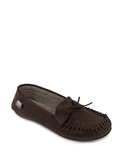 Totes Brown Mens Isotoner Distressed Winter Moccasin Slippers with Herringbone Socks - Image 3 of 5
