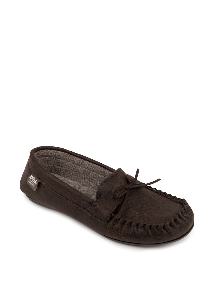 Totes Brown Mens Isotoner Distressed Winter Moccasin Slippers with Herringbone Socks - Image 3 of 5