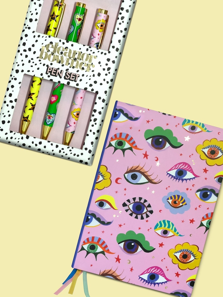 Eleanor Bowmer Pink A5 Casbound Notebook And Pack Of 3 Pen Set - Image 1 of 3 Eleanor Bowmer Pink A5 Casbound Notebook And Pack Of 3 Pen Set - Image 1 of 3