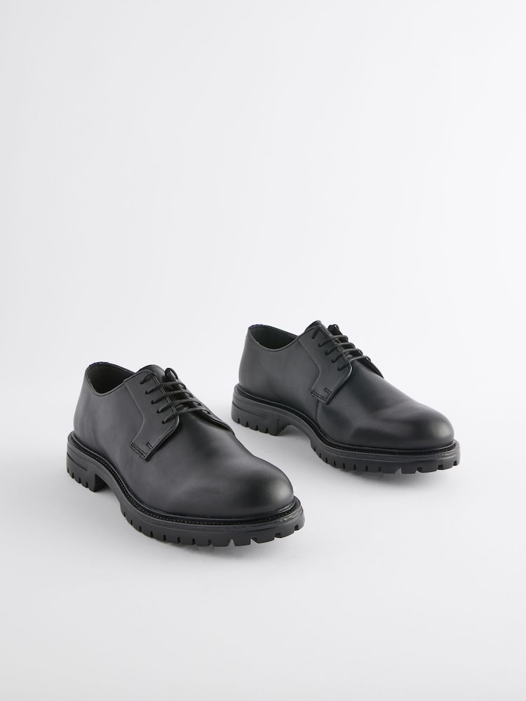 Black Leather Cleated Sole Derby Shoes - Image 1 of 4