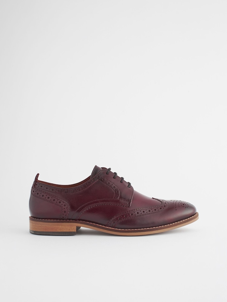 Burgundy Red Standard Fit Leather Contrast Sole Brogue Shoes - Image 3 of 7