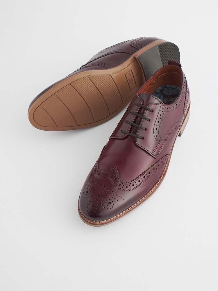 Burgundy Red Standard Fit Leather Contrast Sole Brogue Shoes - Image 5 of 7
