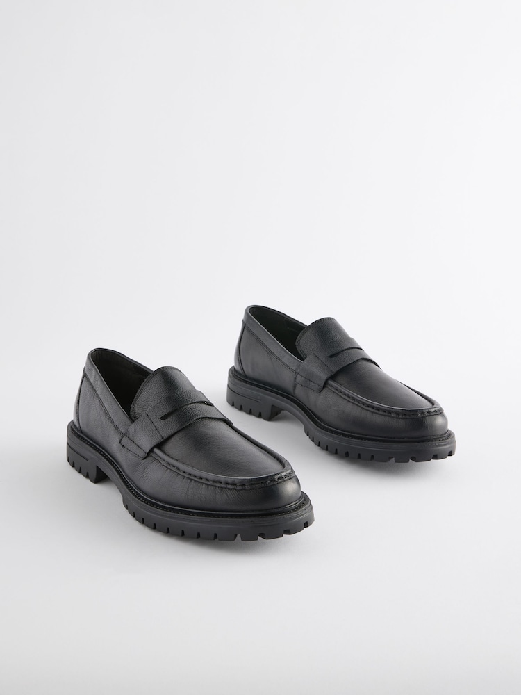 Black Leather Cleated Saddle Loafers - Image 1 of 6
