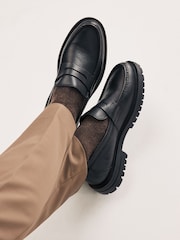Black Leather Cleated Saddle Loafers - Image 2 of 6