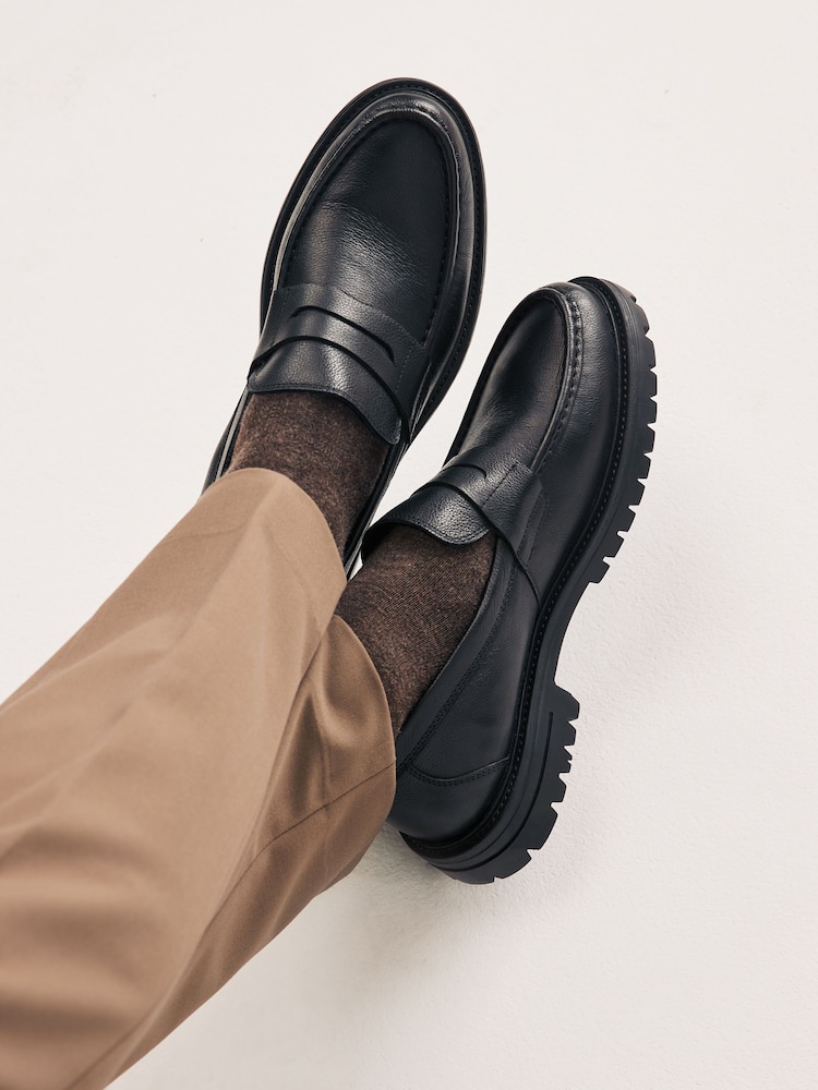 Black Leather Cleated Saddle Loafers - Image 2 of 6