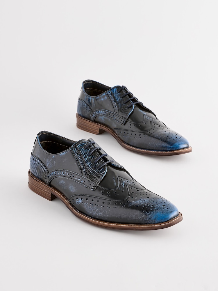 Navy Blue Gloss Shine Brogue Shoes - Image 1 of 6 Navy Blue Gloss Shine Brogue Shoes - Image 1 of 6