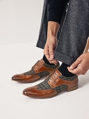 Tan Brown Leather & Check Brogue Shoes - Image 1 of 6