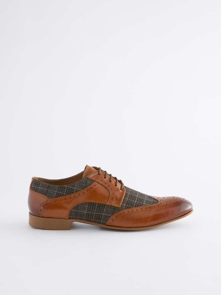 Tan Brown Leather & Check Brogue Shoes - Image 2 of 6 Tan Brown Leather & Check Brogue Shoes - Image 2 of 6