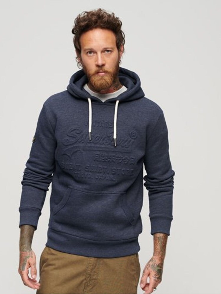 Superdry Blue Embossed Vintage Logo Hoodie - Image 1 of 6