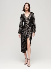 Superdry Black Sequin Wrap Maxi Dress - Image 1 of 5