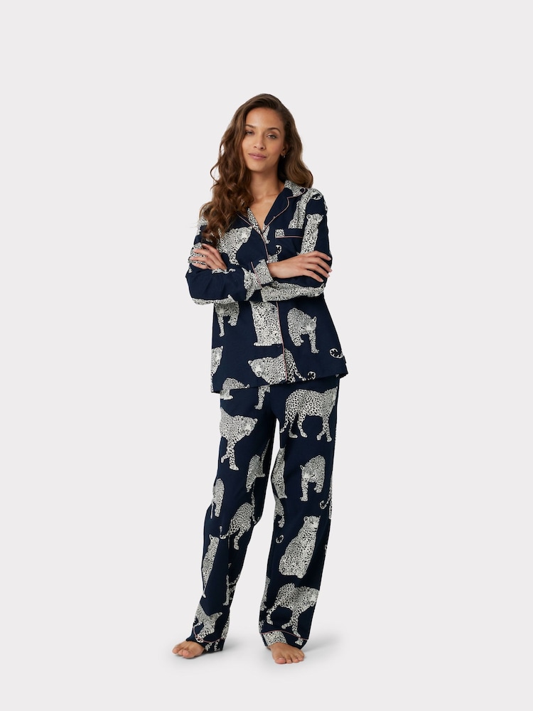 Chelsea Peers Blue Organic Cotton Navy Leopard Print Pyjama Set - Image 1 of 5