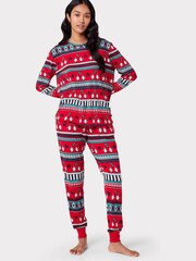 Langes Pyjama-Set aus recycelten Fasern von Chelsea Peers in Rot und Grün mit Karnevalspinguin und Fair-Isle-Print - Bild 2 von 5
