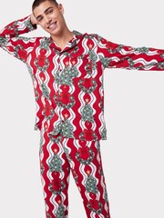 Chelsea Peers Red Mens Recycled Fibre Red & White Wreath & Tree Stripe Print Long Pyjama Set - Image 1 of 5