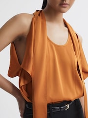 Reiss Rust Camilla Tie Neck Draped Satin Blouse - Image 1 of 5