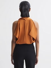 Reiss Rust Camilla Tie Neck Draped Satin Blouse - Image 4 of 5