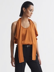 Reiss Rust Camilla Tie Neck Draped Satin Blouse - Image 5 of 5