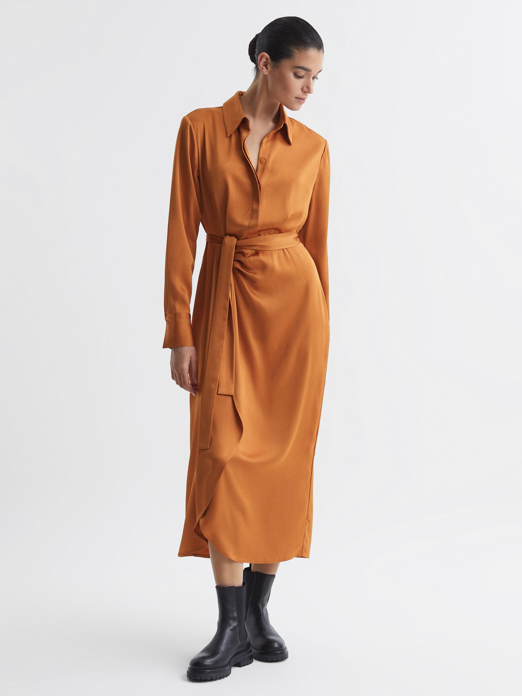Reiss Rust Satin Shirt-style Midi Dress In Brown