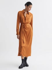 Reiss Rust Arabella Satin Shirt-Style Midi Dress - Image 1 of 6