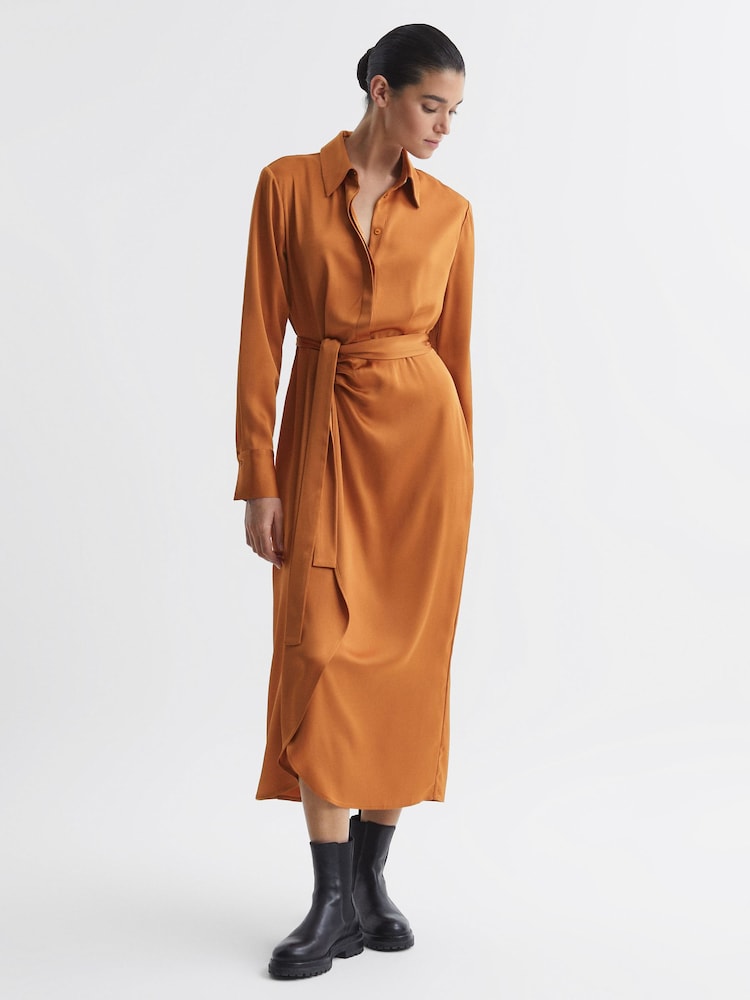 Reiss Rust Arabella Satin Shirt-Style Midi Dress - Image 1 of 6