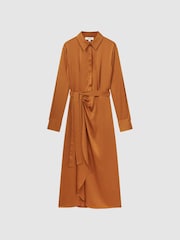 Reiss Rust Arabella Satin Shirt-Style Midi Dress - Image 2 of 6