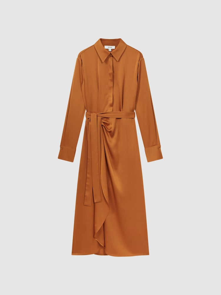 Reiss Rust Arabella Satin Shirt-Style Midi Dress - Image 2 of 6