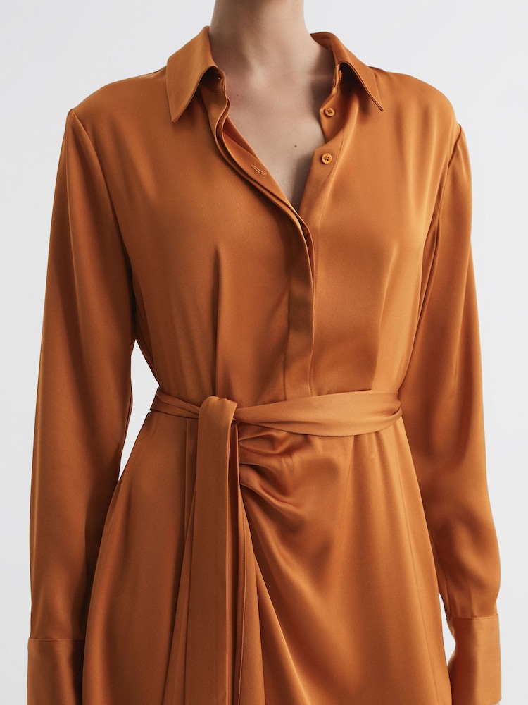 Reiss Rust Arabella Satin Shirt-Style Midi Dress - Image 3 of 6
