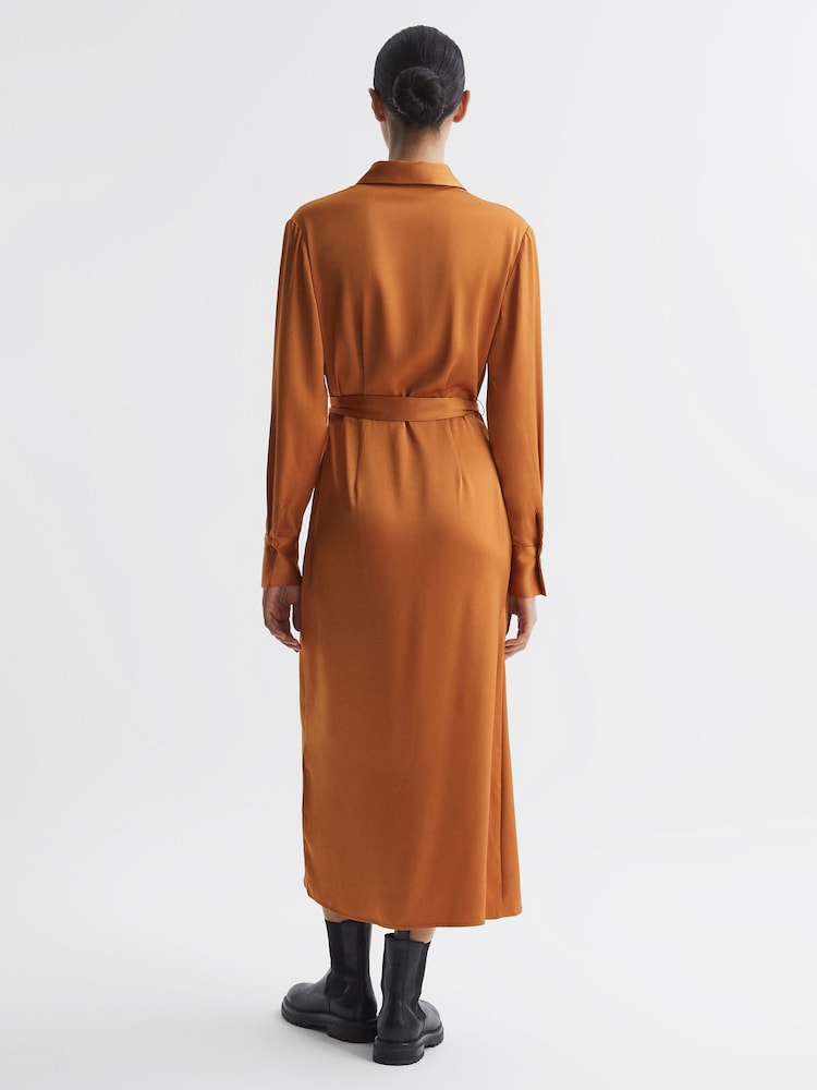 Reiss Rust Arabella Satin Shirt-Style Midi Dress - Image 5 of 6