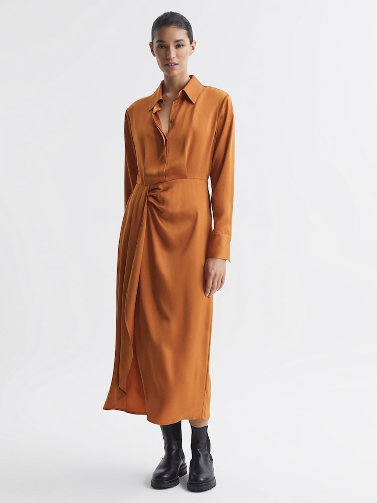 Reiss Rust Arabella Satin Shirt-Style Midi Dress - Image 6 of 6