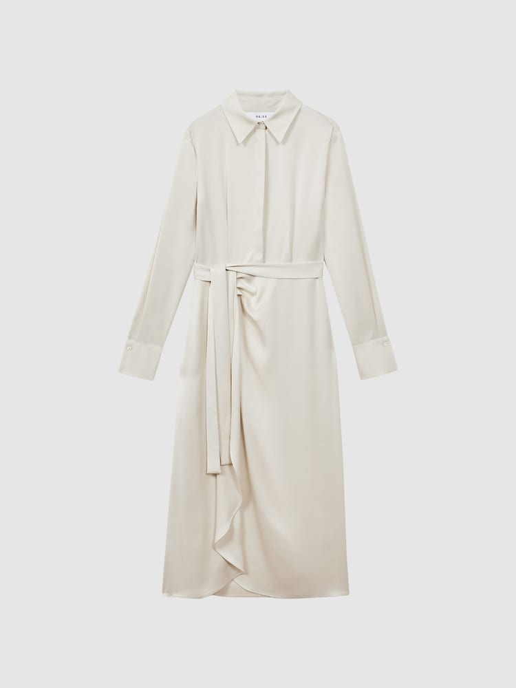 Reiss Cream Arabella Satin Shirt-Style Midi Dress - Image 2 of 5