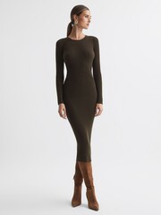 Reiss Khaki Ashley Ribbed Bodycon Midi Dress - Image 1 of 5