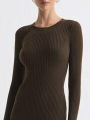 Reiss Khaki Ashley Ribbed Bodycon Midi Dress - Image 3 of 5