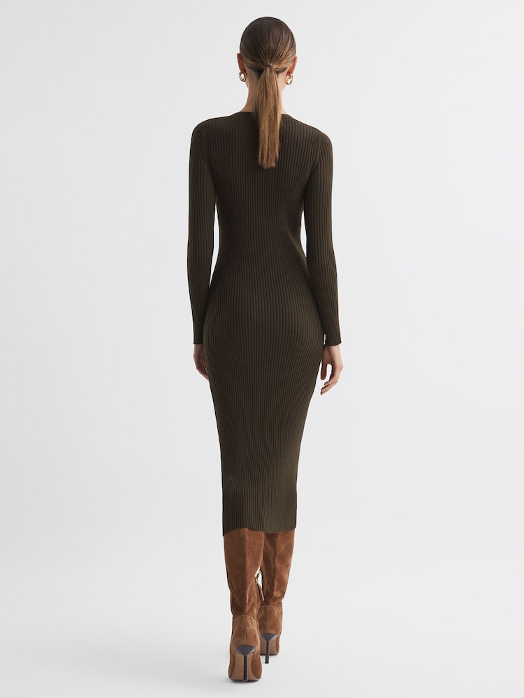 Reiss Khaki Ashley Ribbed Bodycon Midi Dress - Image 5 of 5