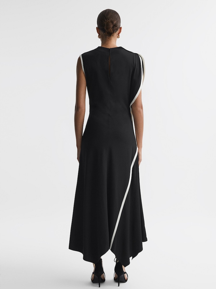 Reiss Black/White Klein Asymmetric Contrast Trim Midi Dress - Image 5 of 5